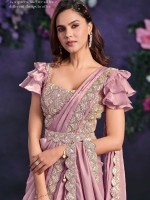 Rose Pink Crepe Satin Silk Ready To Wear Saree